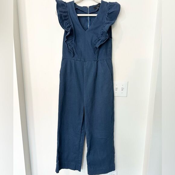En Saison Denim Stretch Ruffled High Rise Wide Leg Crop Jumpsuit M - Picture 2 of 7